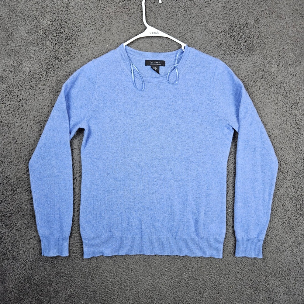 Tahari‎ Womens Medium Blue 100% 2-Ply Cashmere Crew Neck Long Sleeve Sweater